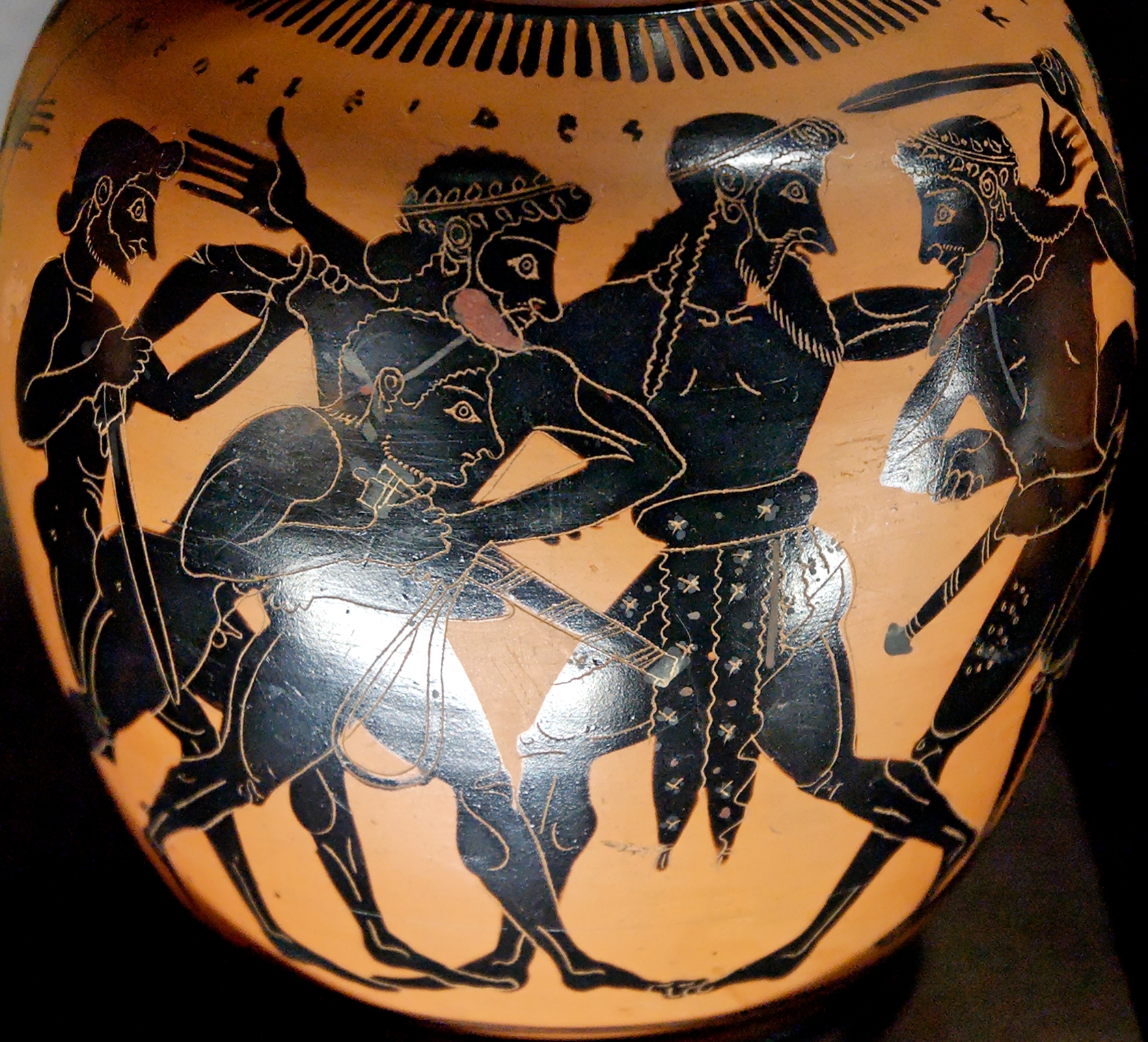 Oinochoe, ca 520 BC, Odysseus and Ajax fighting over the armour of Achilles